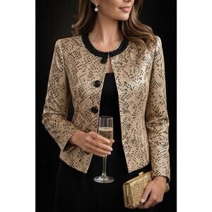 Vintage Snake Print Jacket Beaded Collar Black Gold Blazer Textured